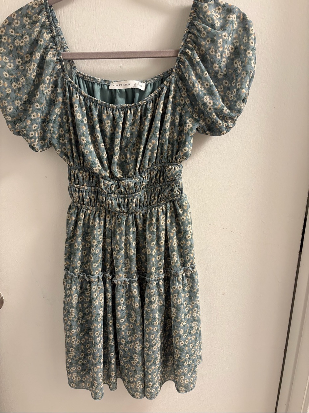 Altar'd State Ditsy Floral Puff‎ Sleeve Smocked Mini Dress Green XS